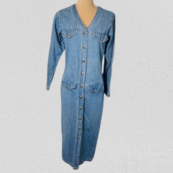 Vintage 90s Button-Up Denim Maxi Dress / Retro 90s Lead Front Button XS/S - Picture 1 of 7
